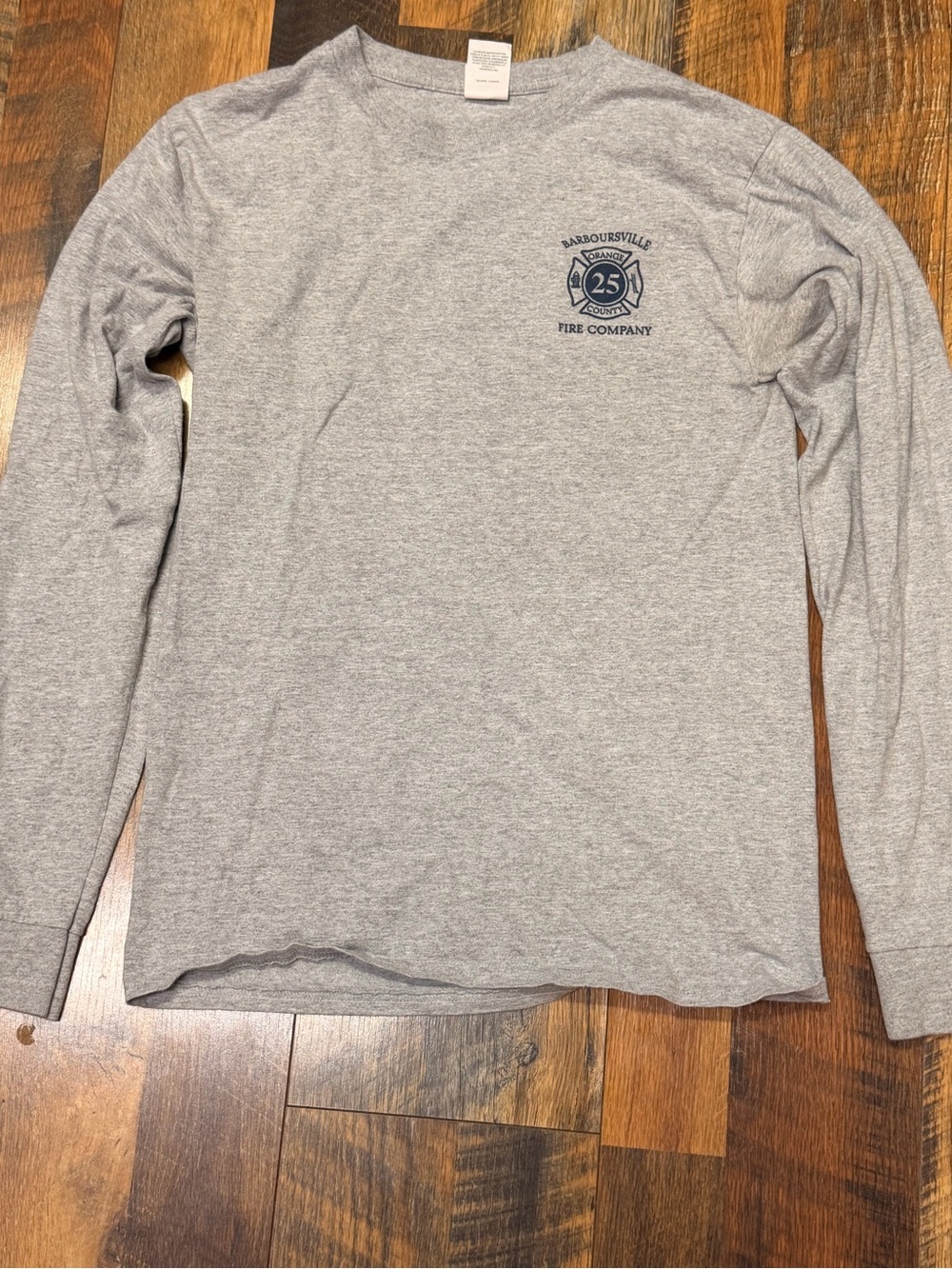 Hanes Gray Long Sleeve Crewneck Shirt with Small Navy Fire Department Emblem